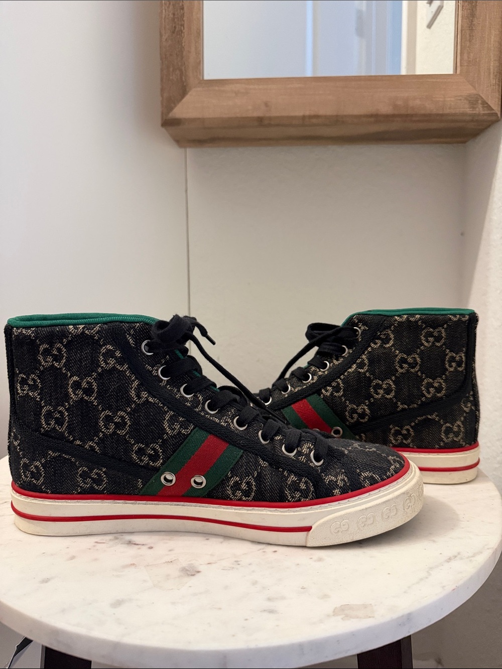 Gucci Black Denim High-Top Sneaker with Green & Red Stripe - Picture 5 of 7